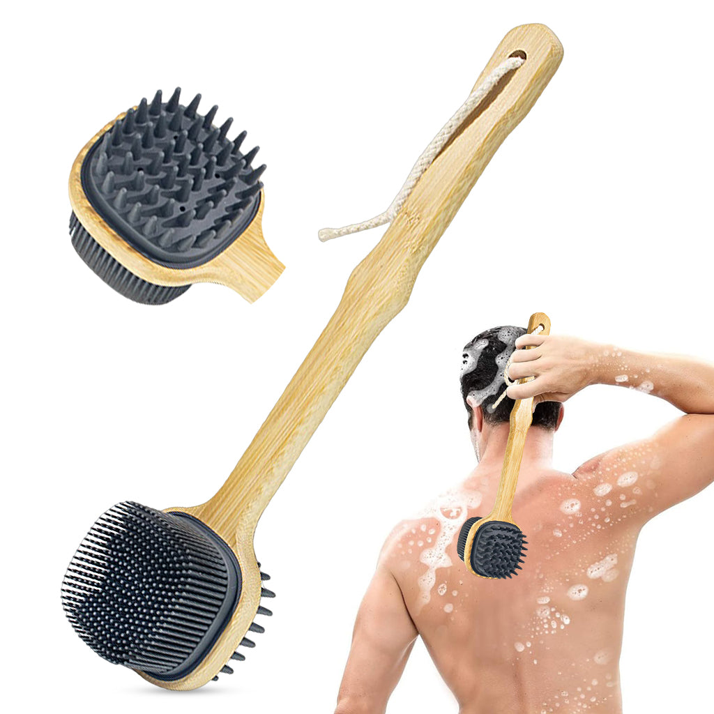 MAYCREATE Bath Brush 12.8 Inches Double Sided Silicone Body Massager Brush Back Scrubber Brush Wooden Handle Body Exfoliation Bathing Brush MAYCREATE Bath Brush 12.8 Inches Double Sided Silicone Body Massager Brush Back Scrubber Brush Wooden Handle Body Exfoliation Bathing Brush